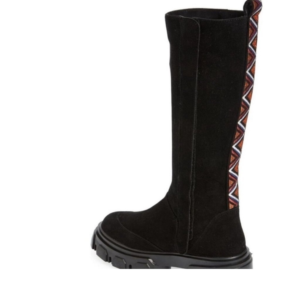 Farm Rio Boots Knee High Lug Sole Black Suede Tall‎ Chunky Embroidery Sz 8.5